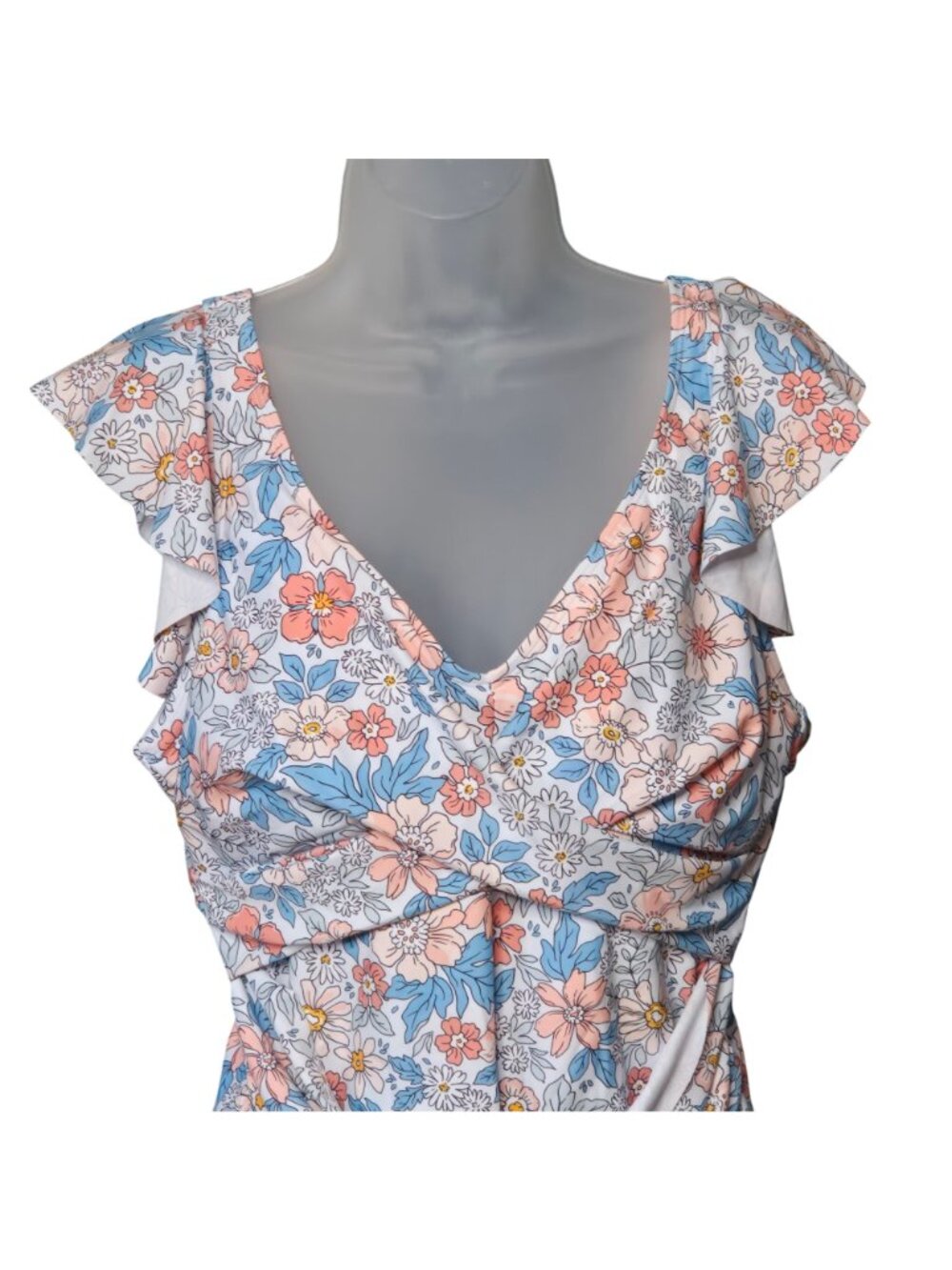 Floral Ruffle Sleeve One Piece Swimsuit XL Deep V Neck Tummy Control - Picture 2 of 9